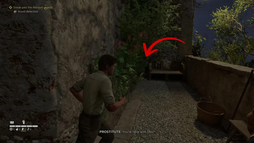 Man sneaking along stone alley in video game