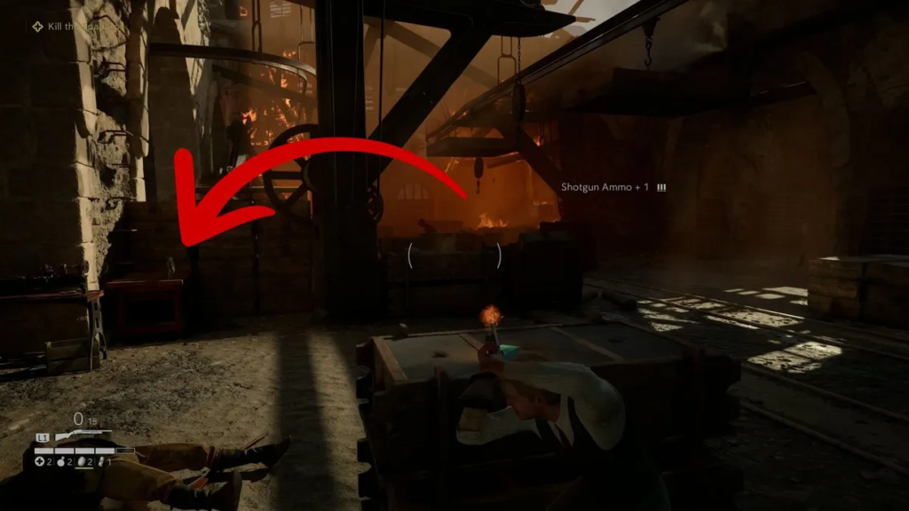 Red arrow pointing at crate in warehouse game scene
