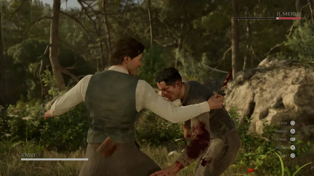 Enzo stabbing Il Merlo in forest clearing