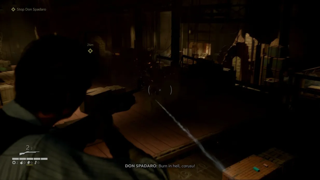 Player aiming gun in dark warehouse firefight