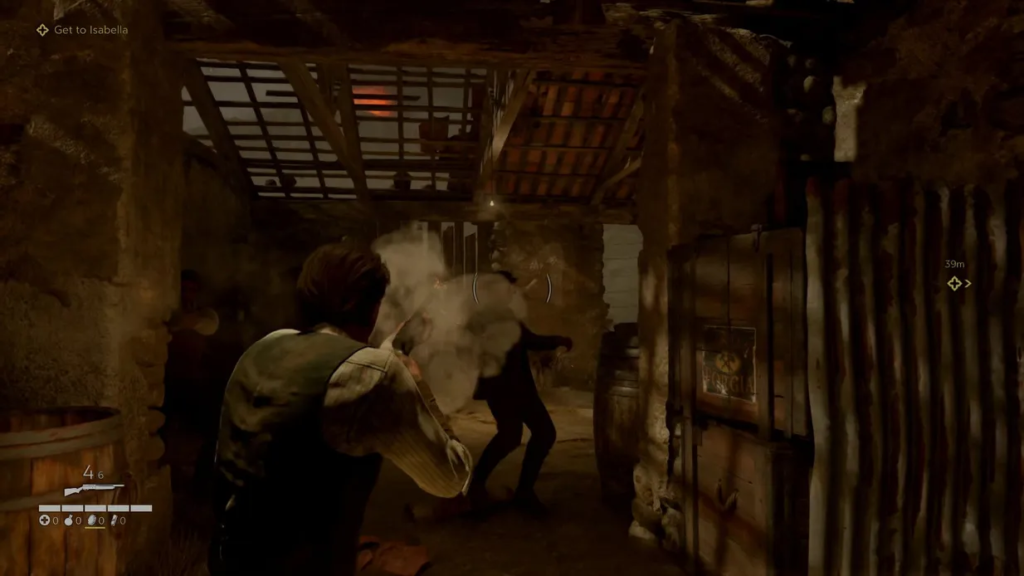Sebastian Castellanos shoots enemy inside rustic building in The Evil Within