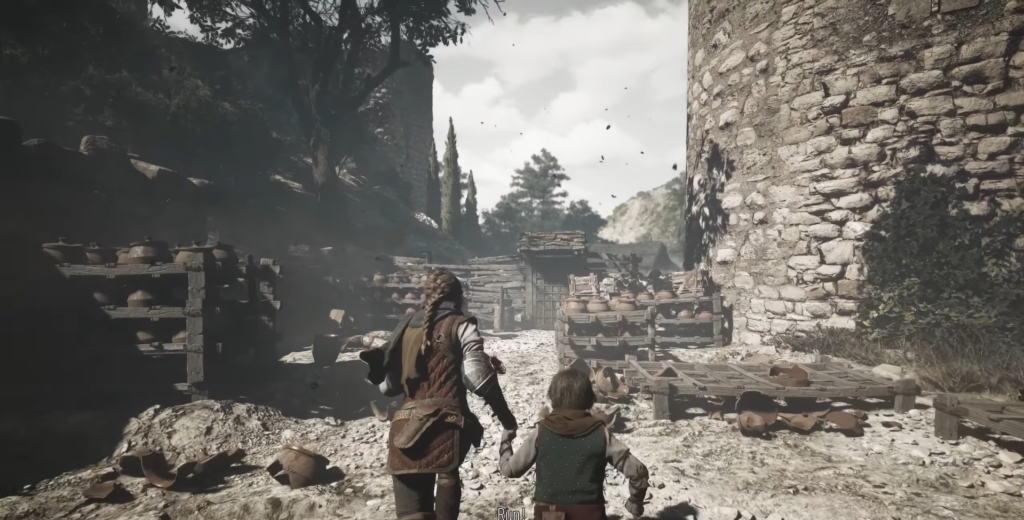 Amicia and Hugo running through ruined village in A Plague Tale
