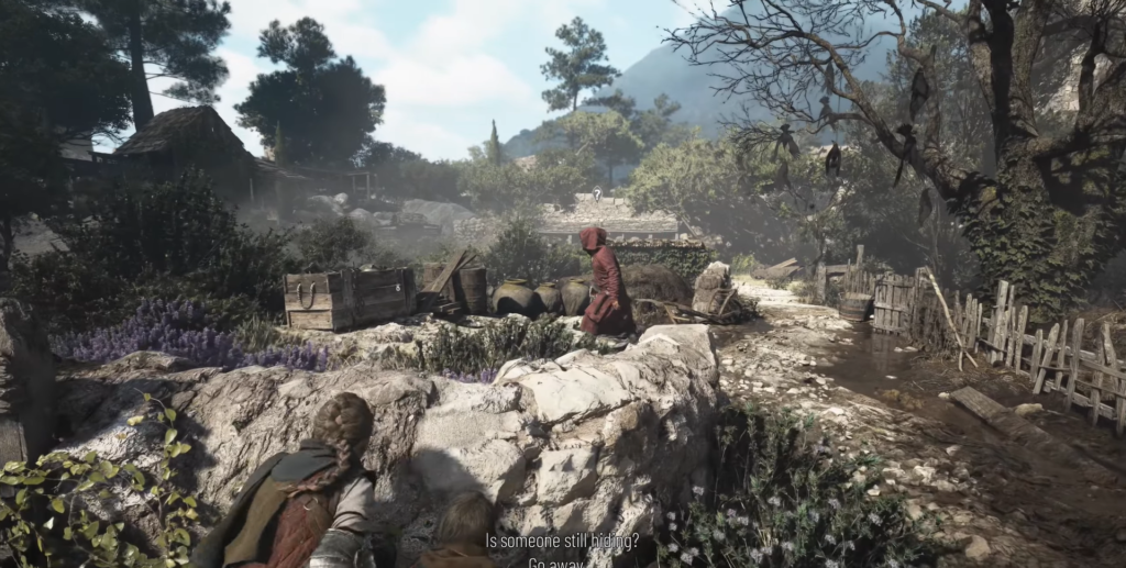 Amicia de Rune crouches behind rocks in village path