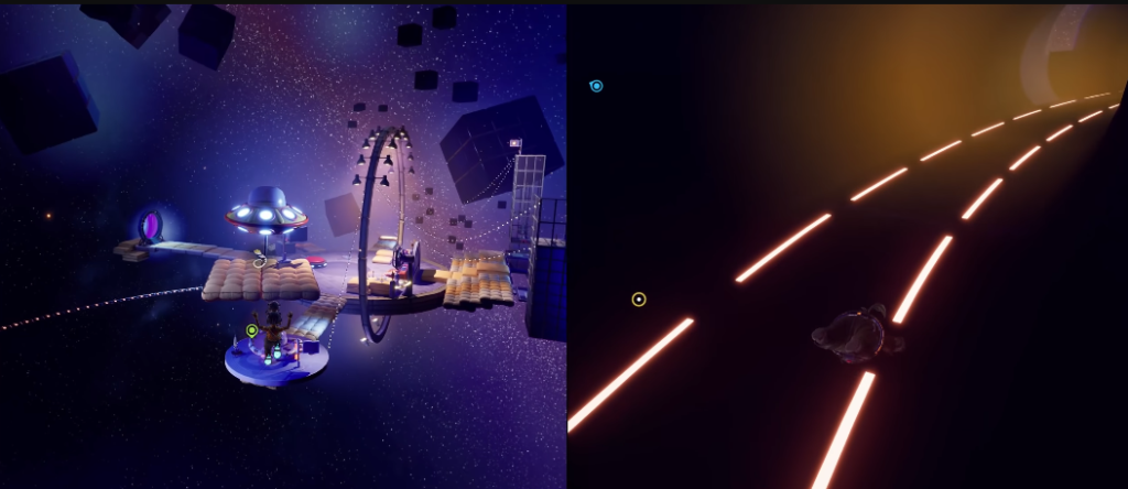 Spaceship hovering over platforms in starry space level