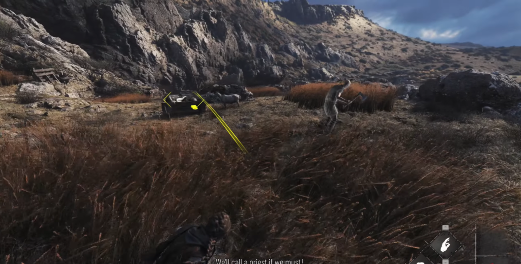 Player aiming at enemy in rocky grassland game scene