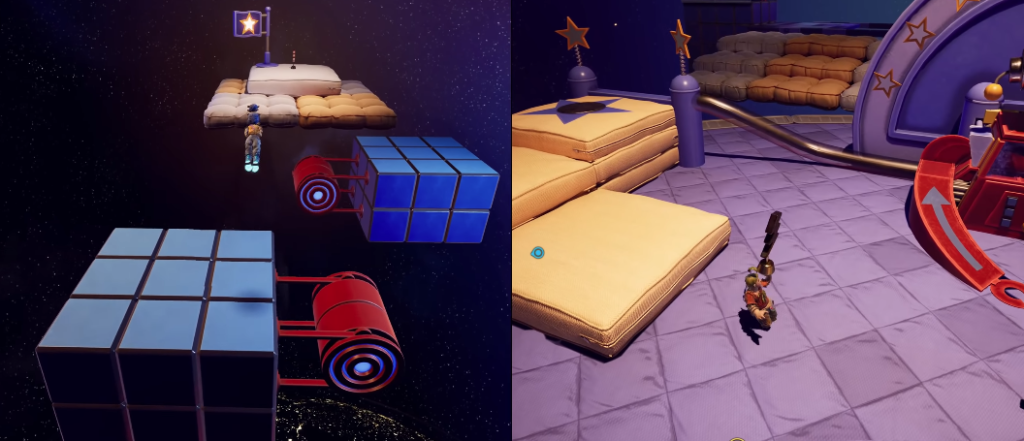 It Takes Two characters platforming on floating space blocks