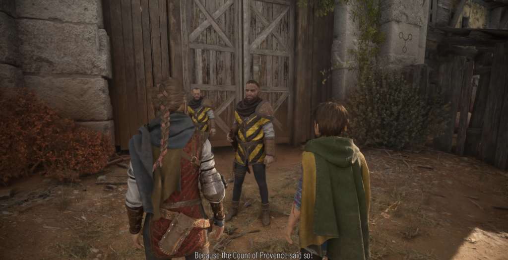 Amicia and Hugo face guards at wooden gate, A Plague Tale