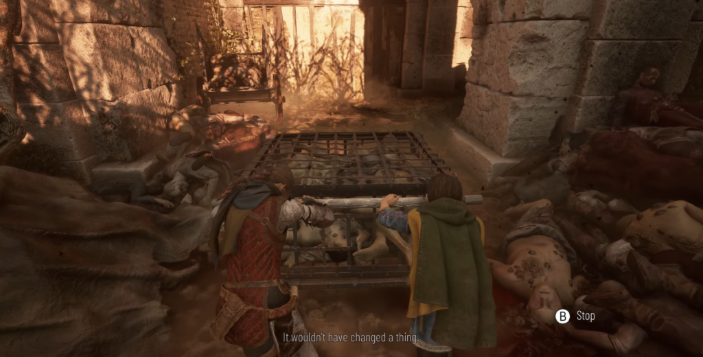 Amicia and Hugo push cart through corpse-filled alley, A Plague Tale