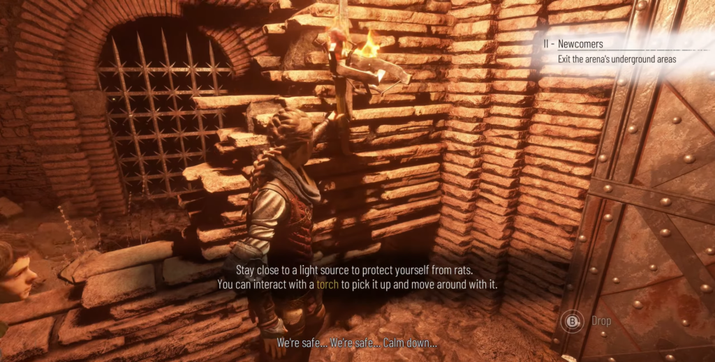 Amicia holds torch in brick tunnel, A Plague Tale