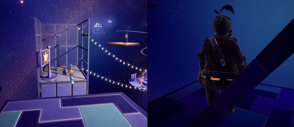Fortnite character standing on platform in starry space