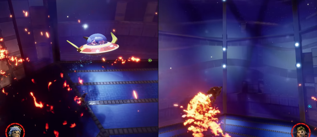 UFO flying above fiery arena in split-screen game