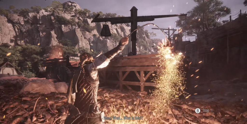 Eivor using a fire arrow in Assassin's Creed Valhalla.