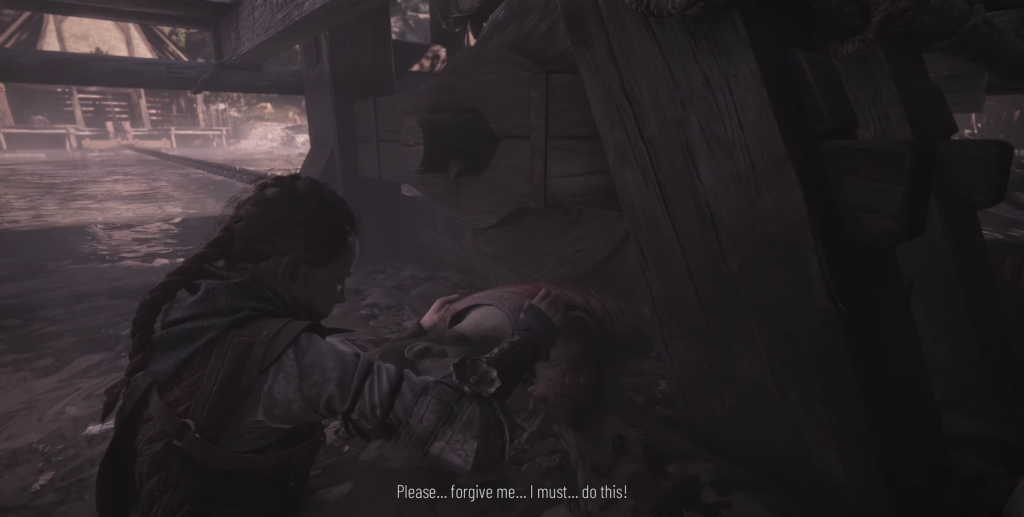 Amicia comforting dying soldier in A Plague Tale: Innocence.
