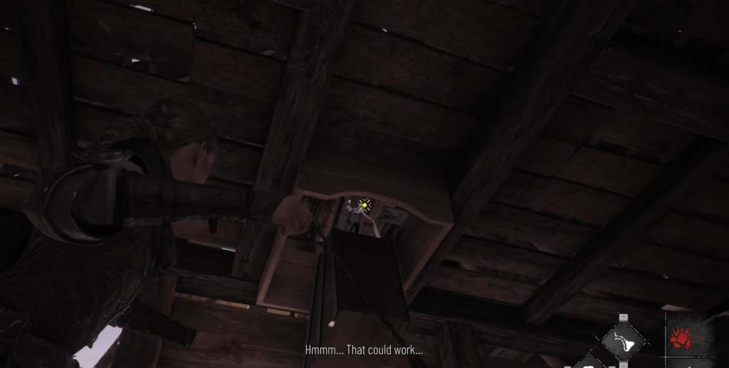 Aloy aiming bow at target in wooden structure, Horizon Zero Dawn.