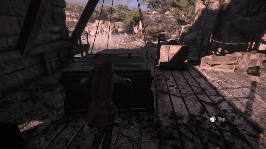 Lara Croft pushing crate on wooden platform.