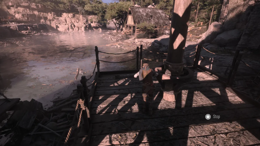 Geralt from The Witcher standing on wooden platform.