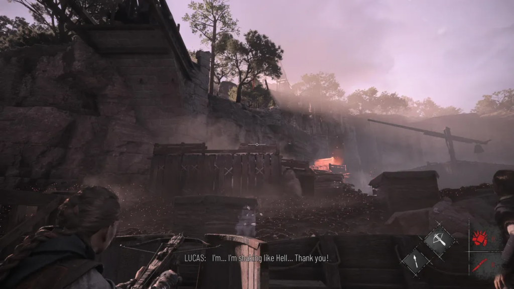 Lucas in battle scene, medieval fortress setting.
