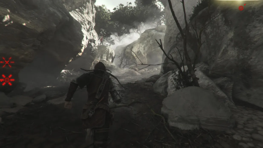Geralt running through rocky forest in The Witcher.