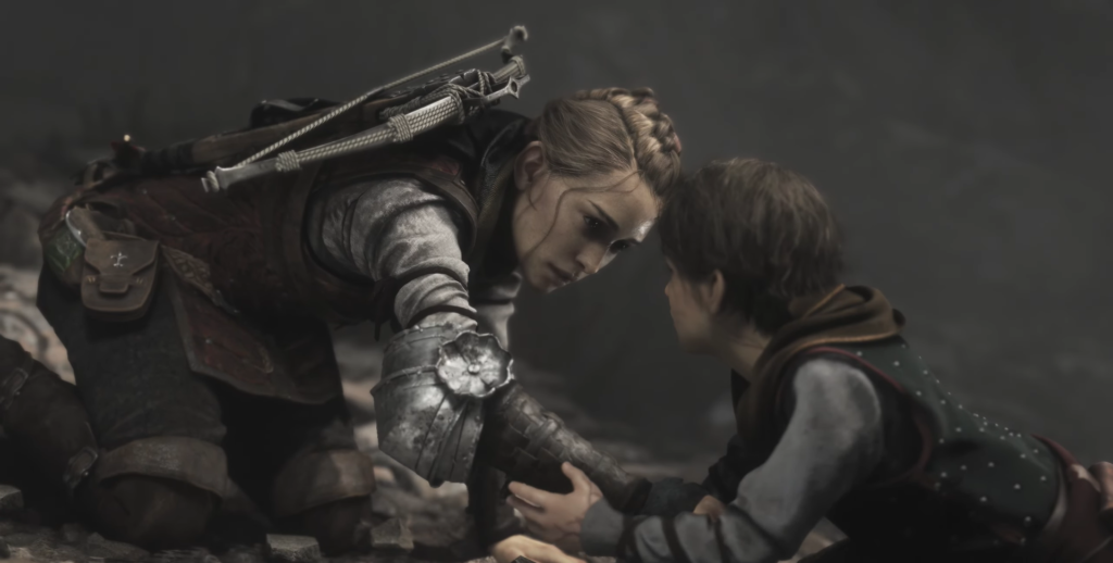 Amicia helping Hugo on rocky ground, A Plague Tale.