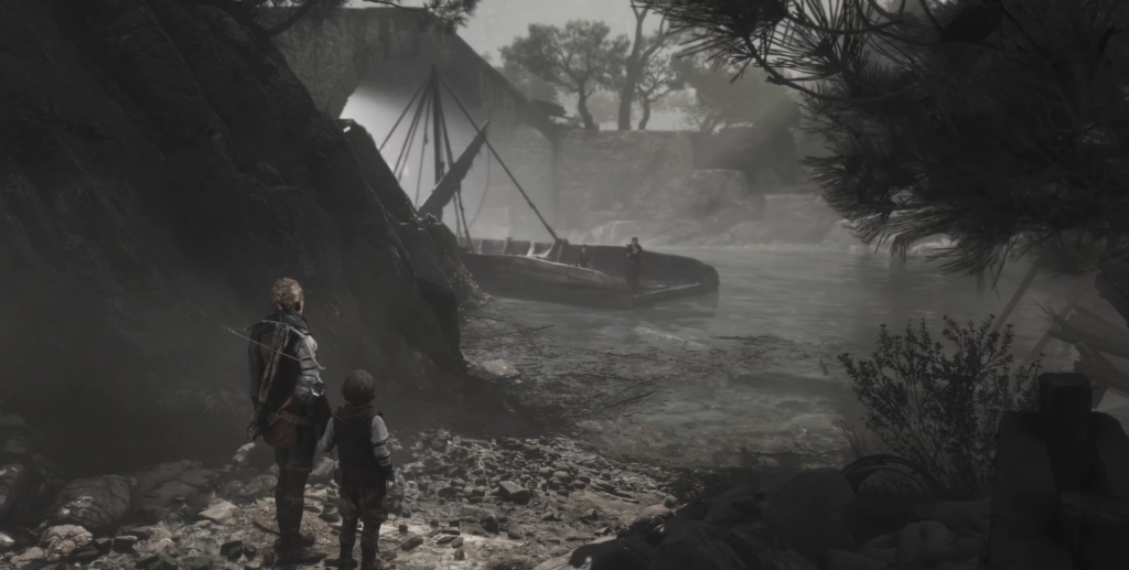 Amicia and Hugo observing boat in misty river.