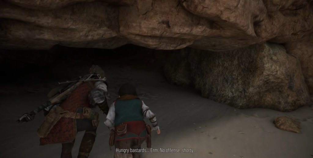 Geralt Witcher and Ciri entering cave.