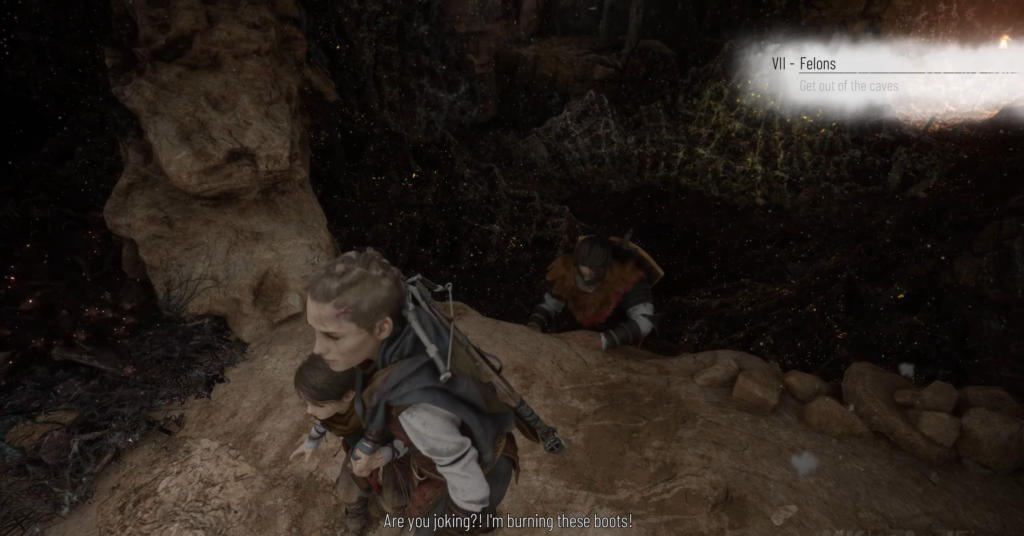 Amicia and Hugo climbing cave ledge, A Plague Tale.