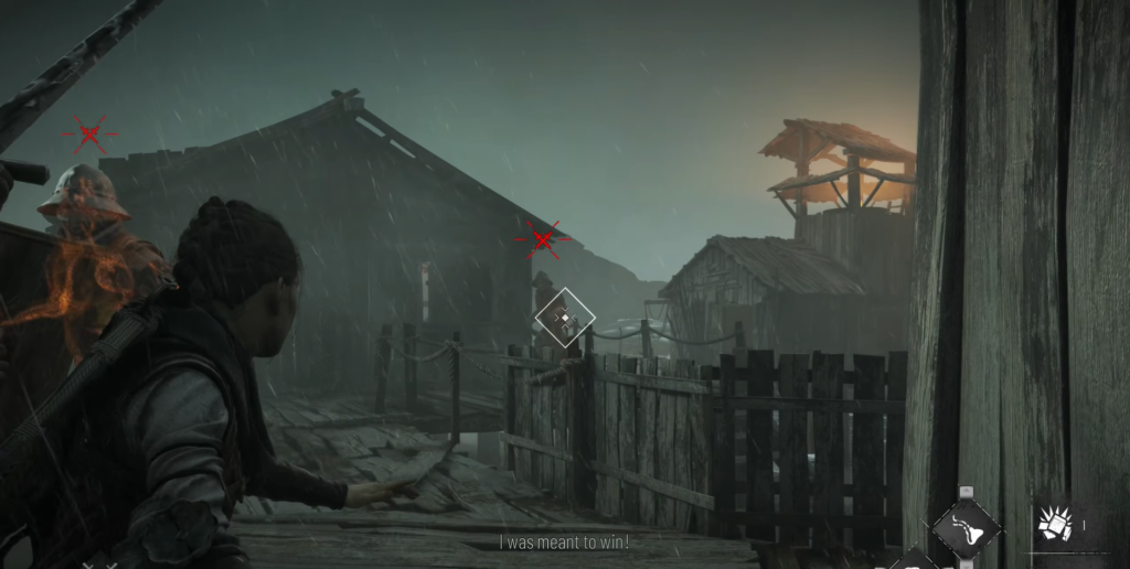 Amicia aiming sling in rainy village setting.
