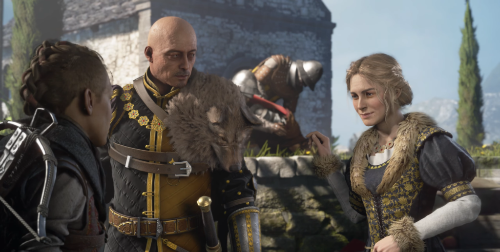 Characters discussing near a castle backdrop.