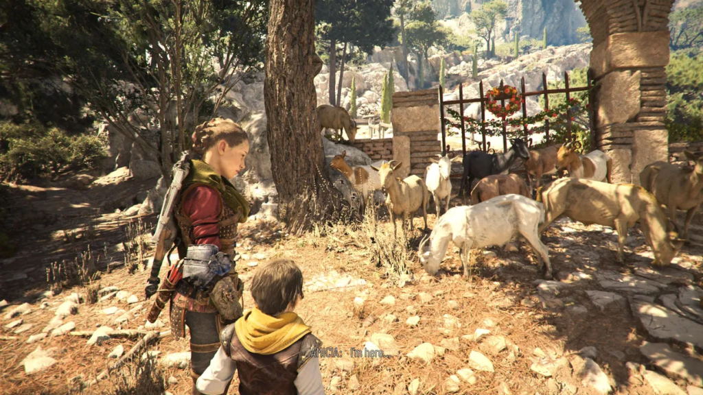 Amicia and Hugo observing goats in nature.