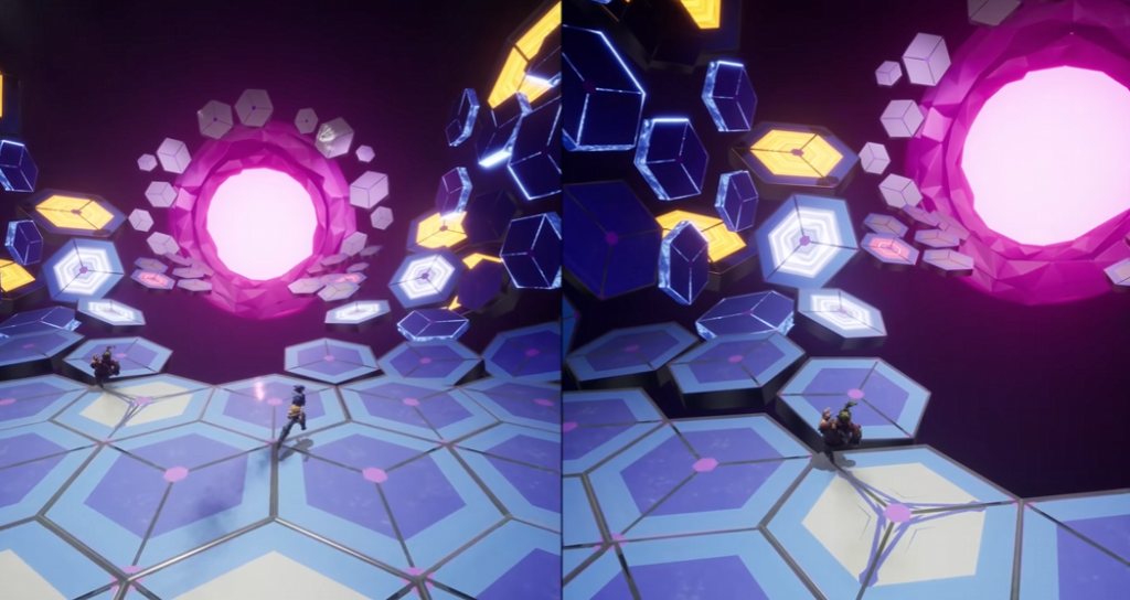 Two players running on hexagonal platform near pink portal