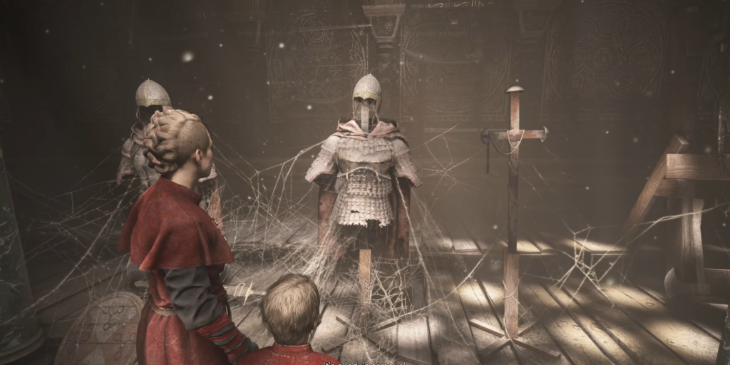 Amicia and Hugo encounter a knight in armor.