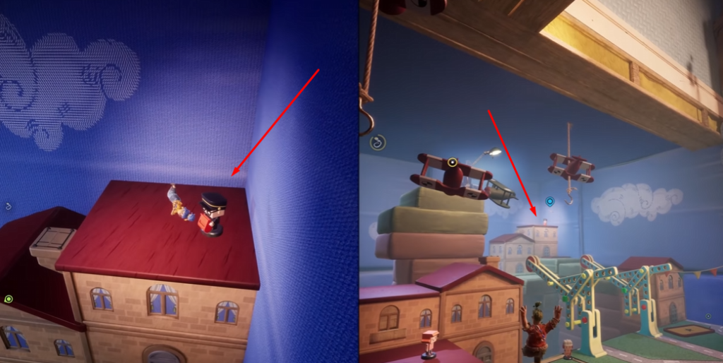 Toy soldier on red roof in blue room