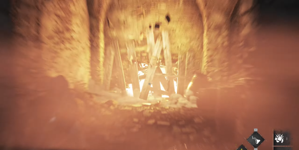 Fire burning in a cave with wooden beams.