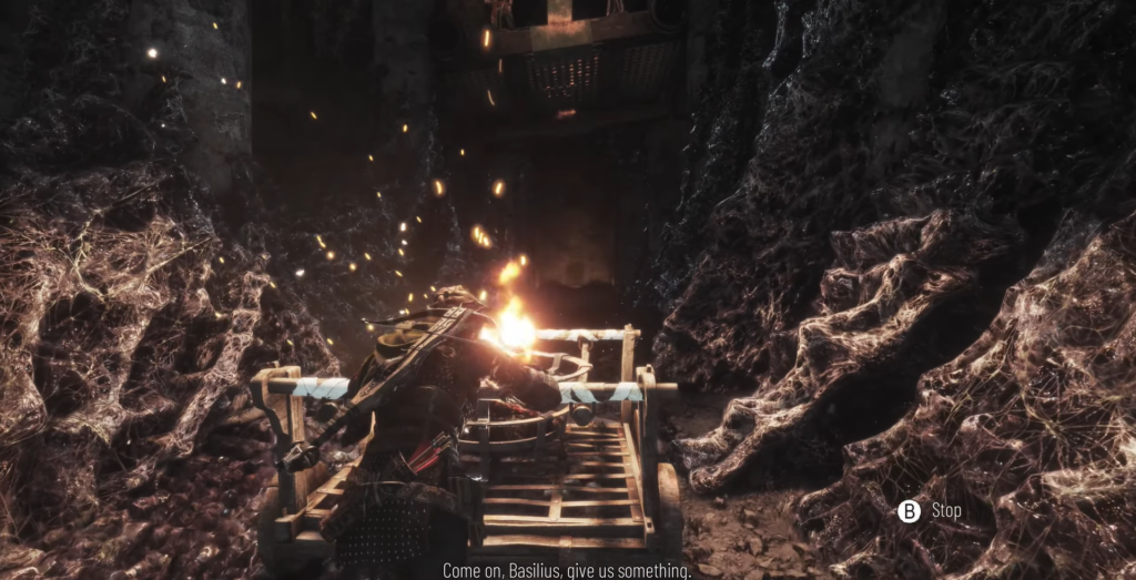 Amicia A Plague Tale: Requiem igniting a cart.