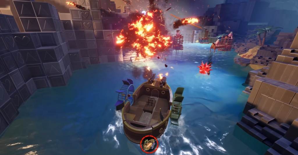 Boat sailing through blue water amid fiery explosions