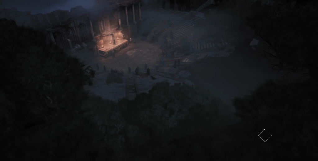 Dark ruins with a glowing altar in Diablo IV.