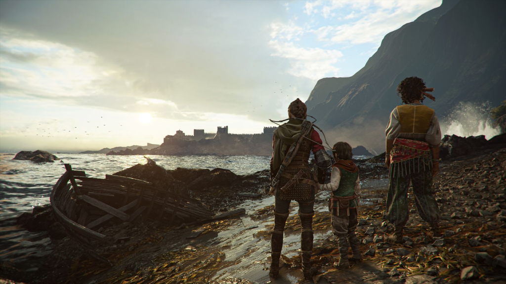 Amicia and Hugo gaze at a distant fortress.
