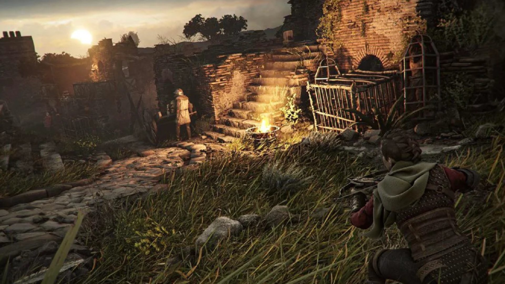 Amicia from A Plague Tale: Requiem, poised in shadows.