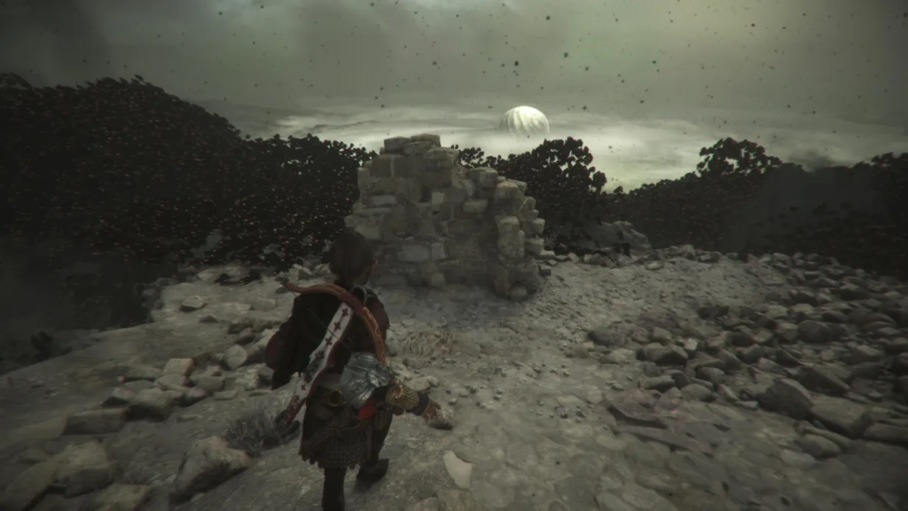 Character standing near stone ruins, sunset.