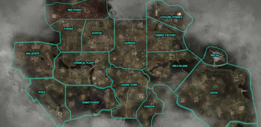 Game map showing zones and locations with borders