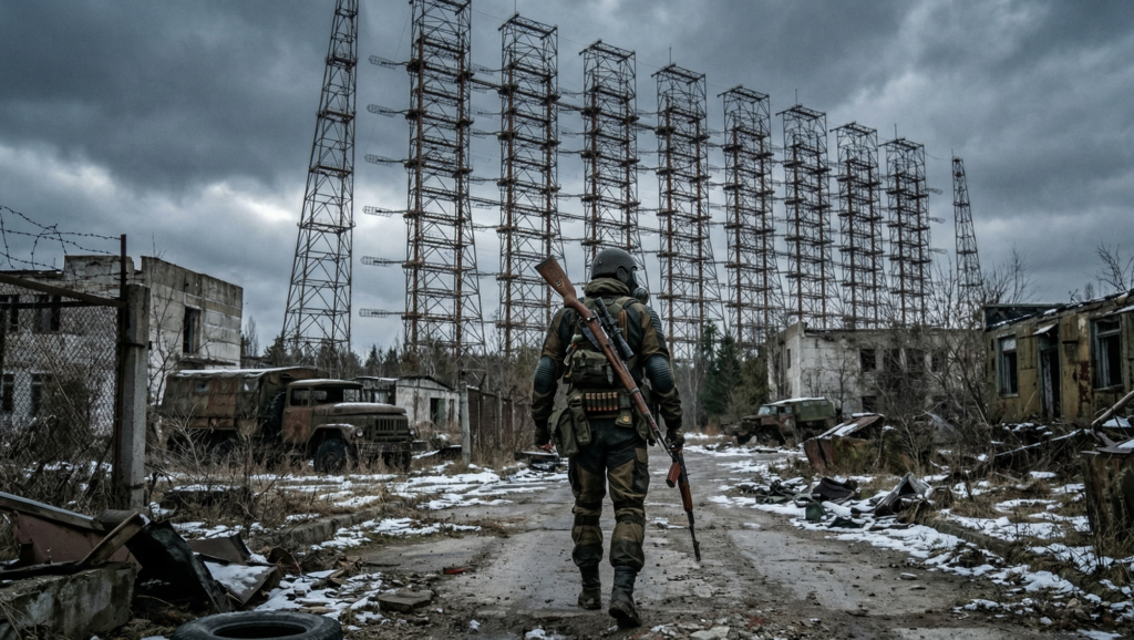 Armed soldier walking on road near radar towers
