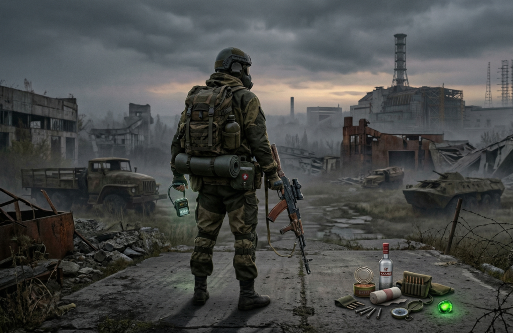 Soldier holds rifle in ruined industrial wasteland at dusk