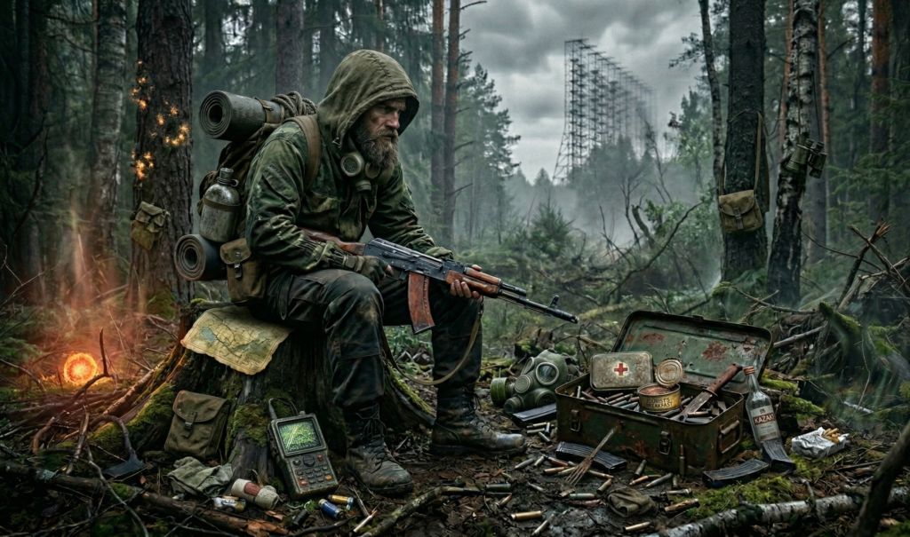 Hooded soldier holding rifle in forest campsite