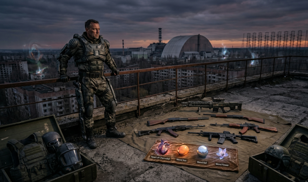 Armored soldier stands by weapons on rooftop