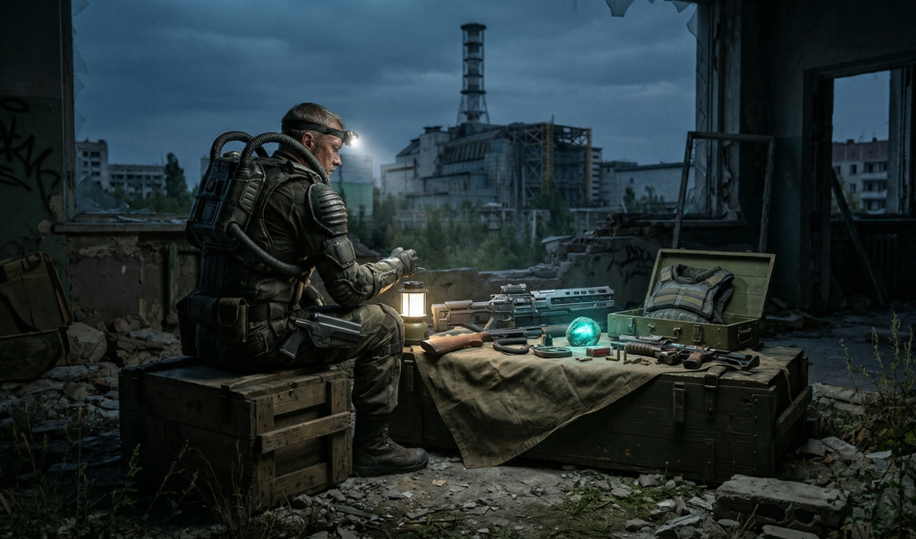 Soldier inspects gear in ruined building