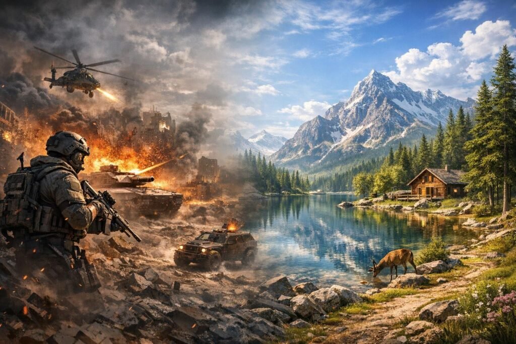 Soldier aims rifle near burning tank by lake