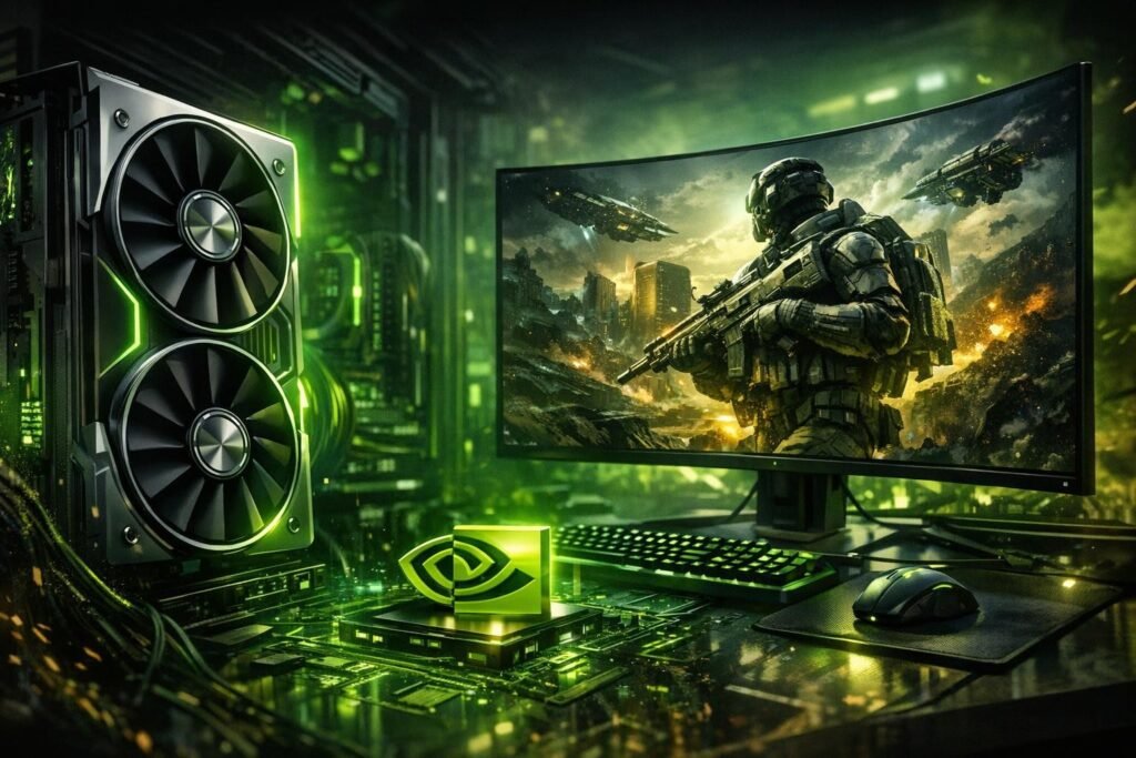 Gaming PC displays soldier game on curved monitor desk