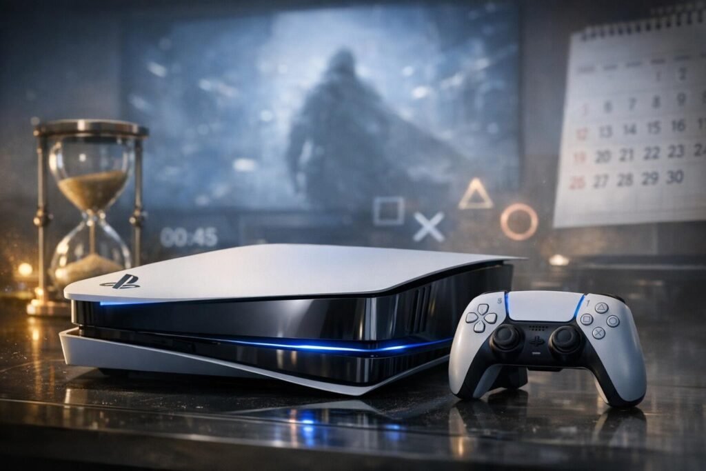PlayStation 5 console and DualSense controller on desk