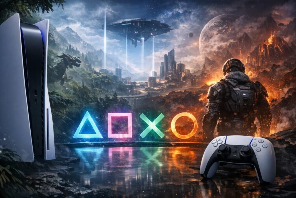 PlayStation 5 console and controller beside glowing PS symbols