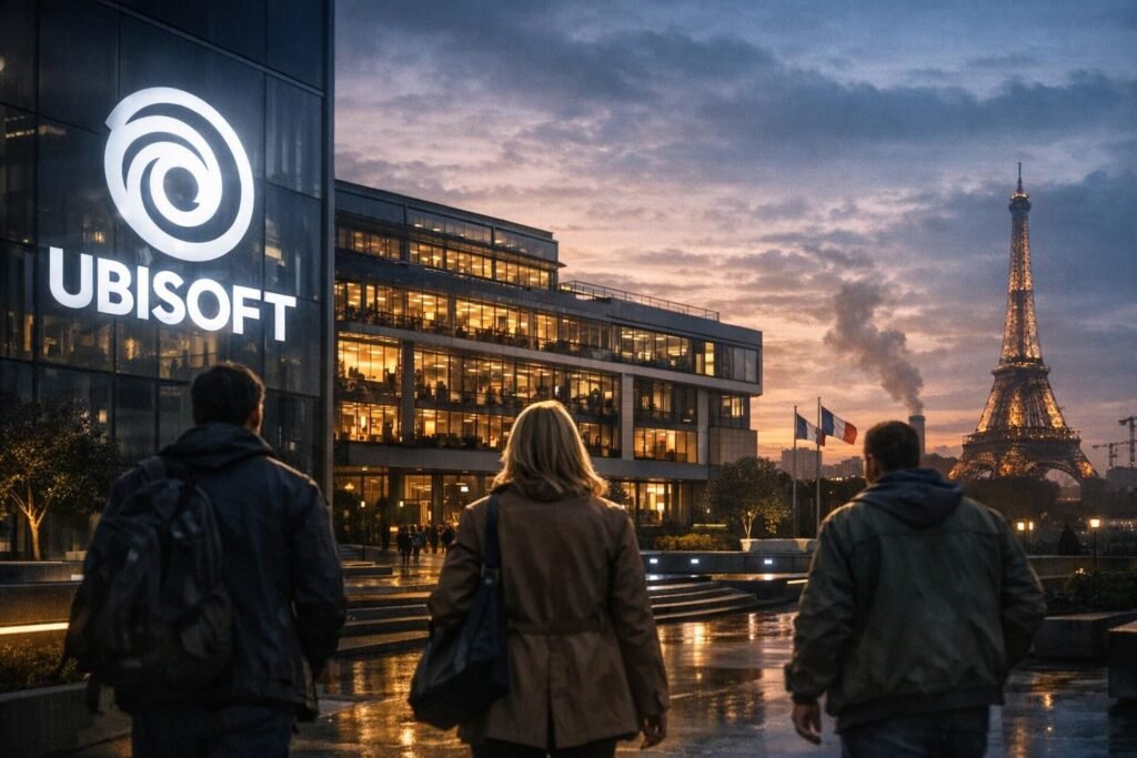 People walking toward Ubisoft building near Eiffel Tower, Paris